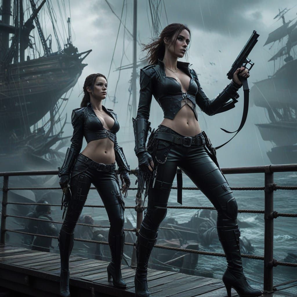 Pirate Women Intimate on Ship During Storm, Graphic Novel St...