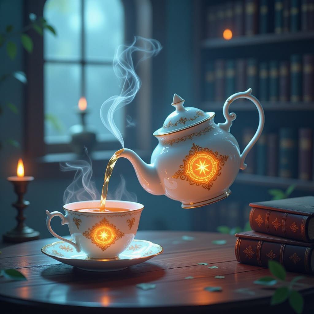 Magical Floating Tea Set in Enchanted Library