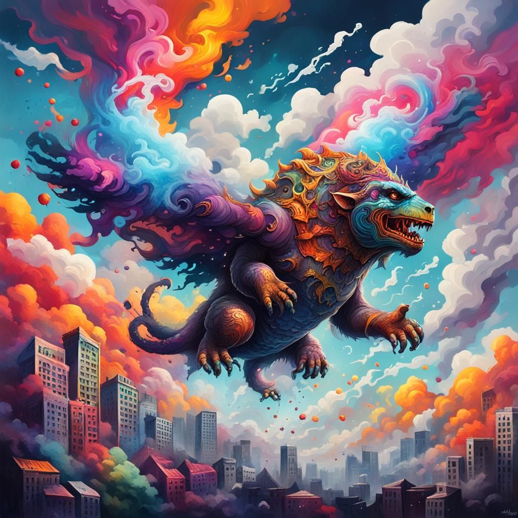Magical Smoke Beast Flies Through Valhalla: Graffiti Art