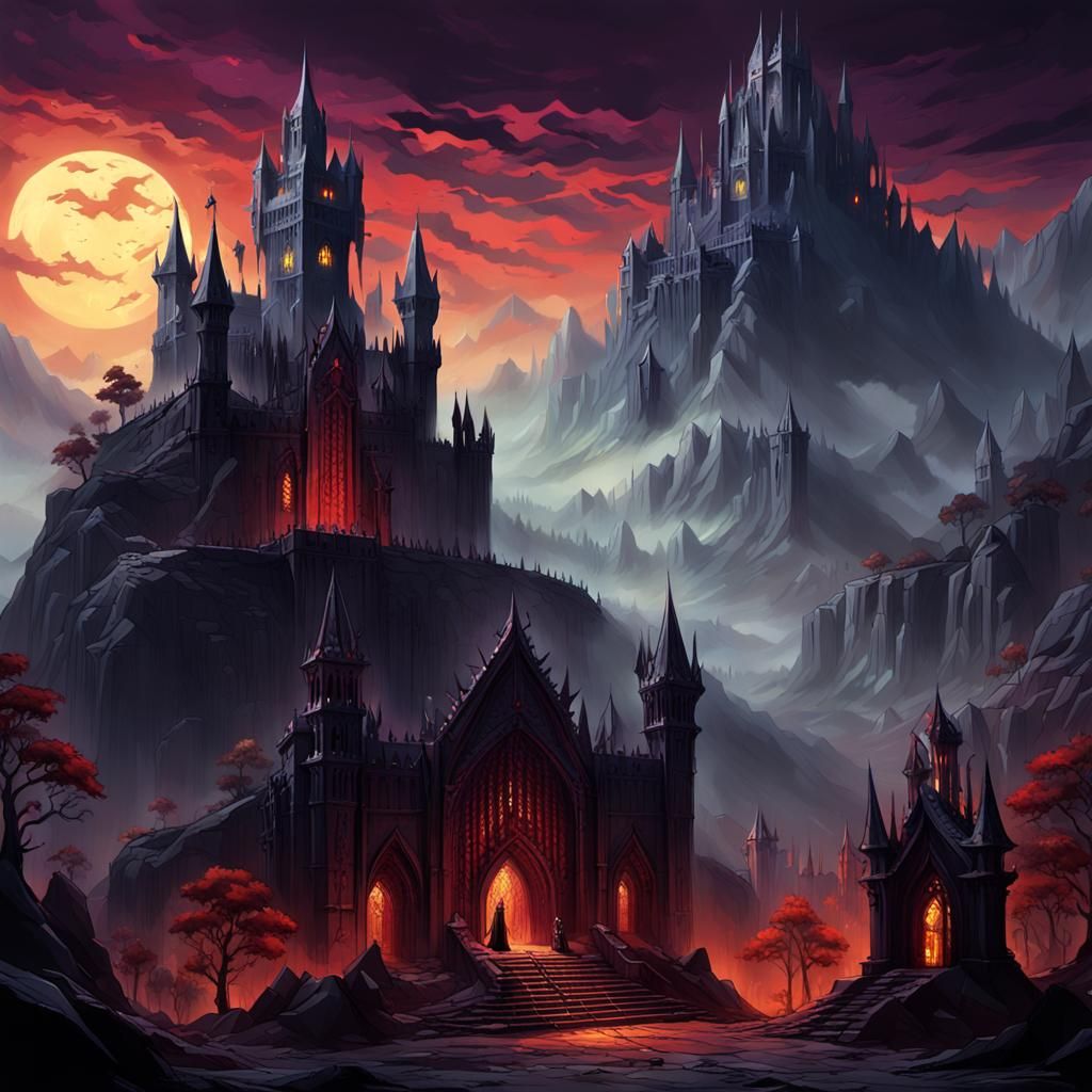 Majestic Gothic Citadel Amidst Dark Fantasy Landscape