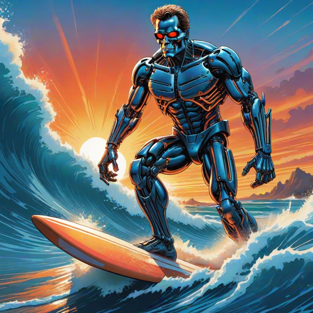 The Terminator Surfing in Comic Book Style