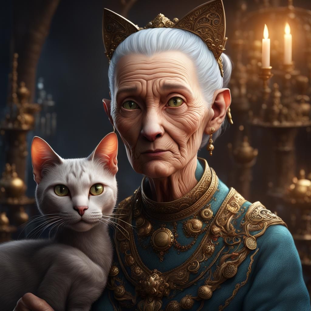 Hairless Cat on Old Woman: Detailed Digital Art