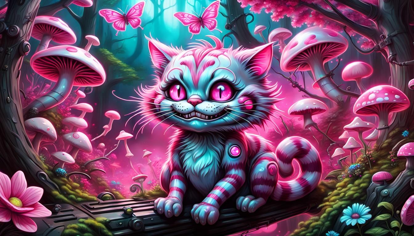 Cyberpunk Cheshire Cat in Bioluminescent Forest