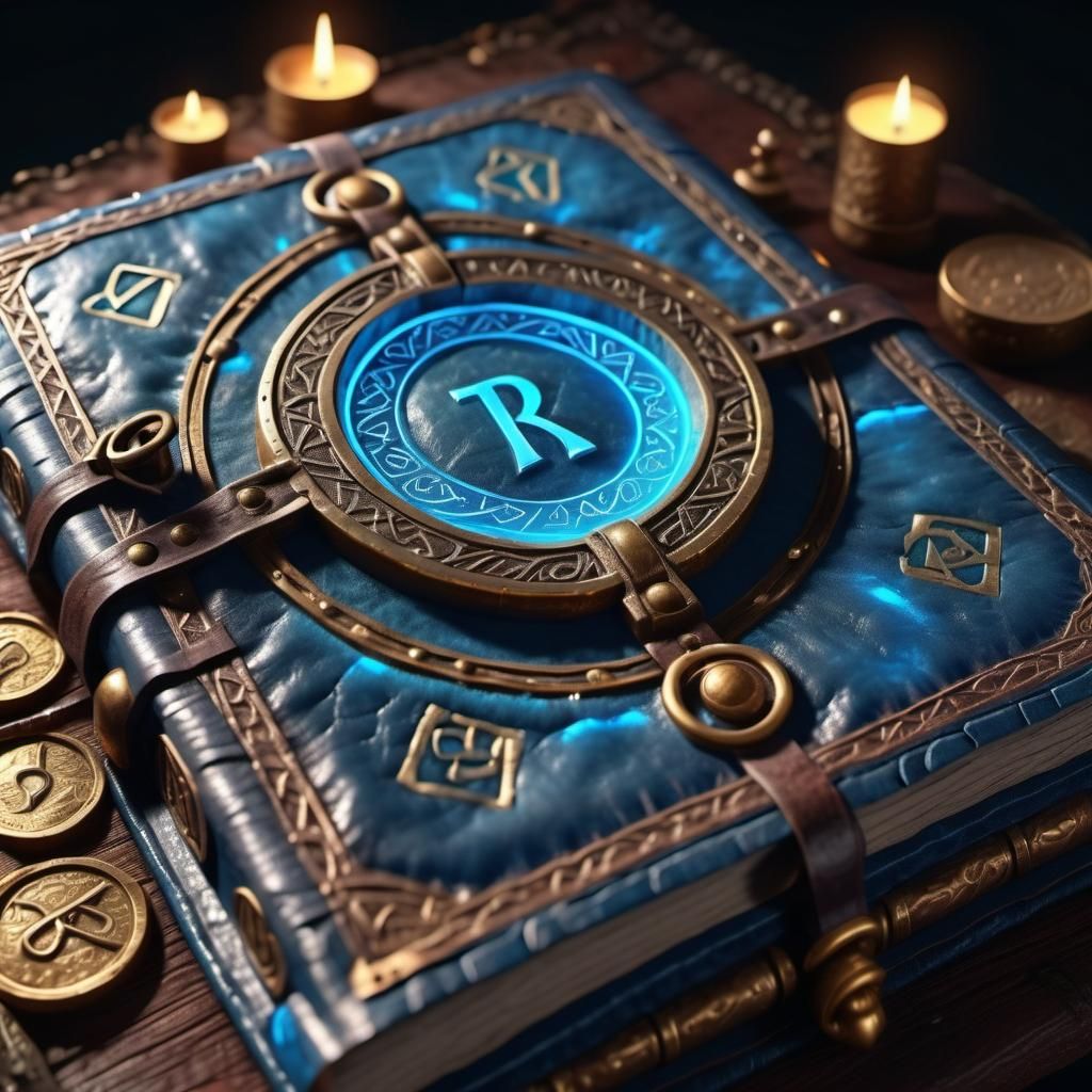 Ancient leather tome, runes on cover, magical glowing aura bright sparkling neon blue gems in centre. Precious g...