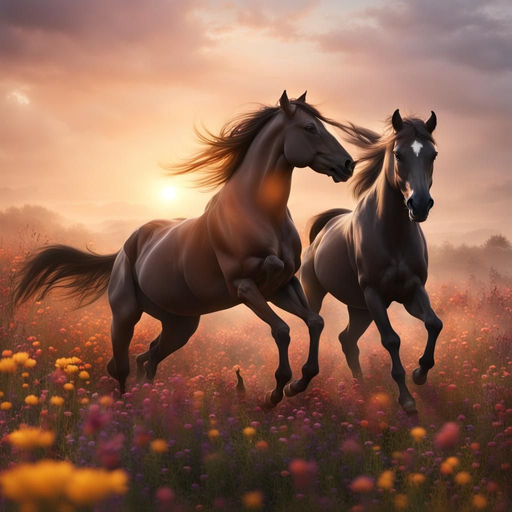 Wild Stallions Clash in Floral Field at Sunrise