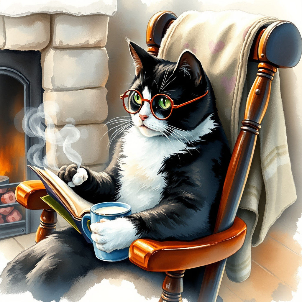 Relaxed Cat Reading by Fireplace in Watercolor Style