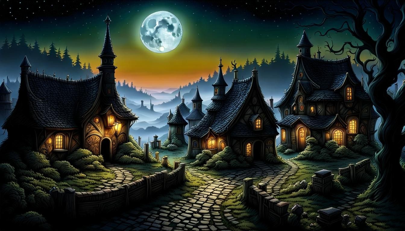 Haunted Village by Moonlight: Dark Countryside Scene