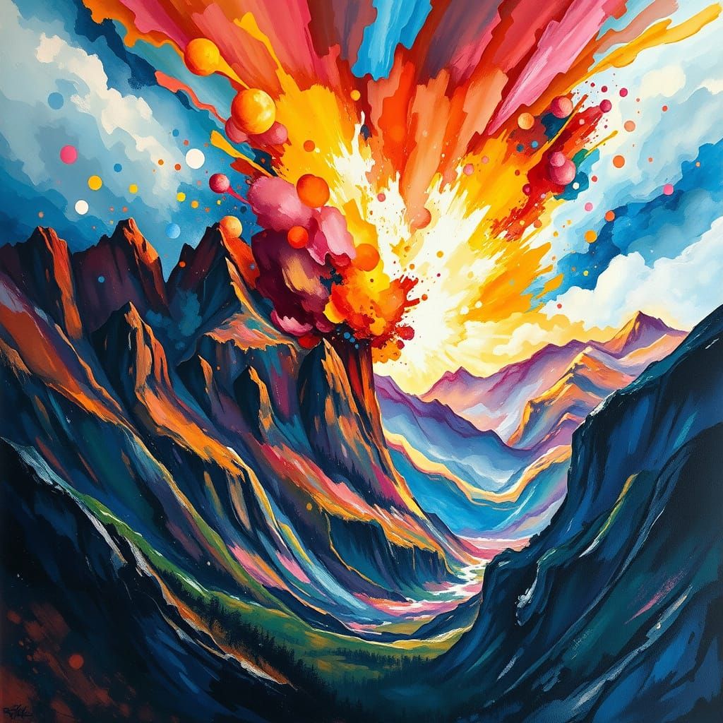 Epic Mountain Explosion in Vibrant Impressionist Style
