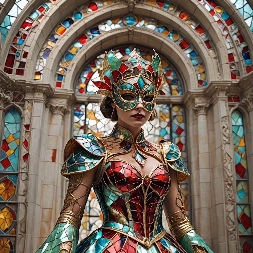 Girl in Mirror Mask and Stained Glass Dress