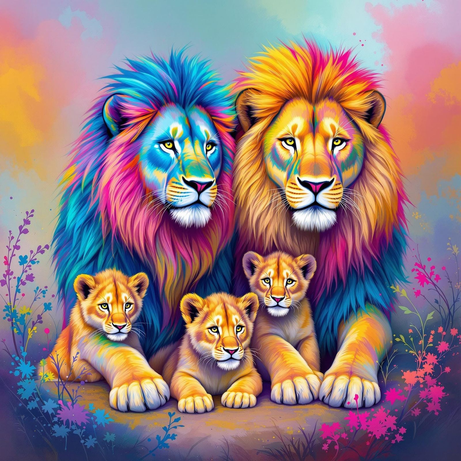 Multicolored Lion Family in a Vibrant Landscape