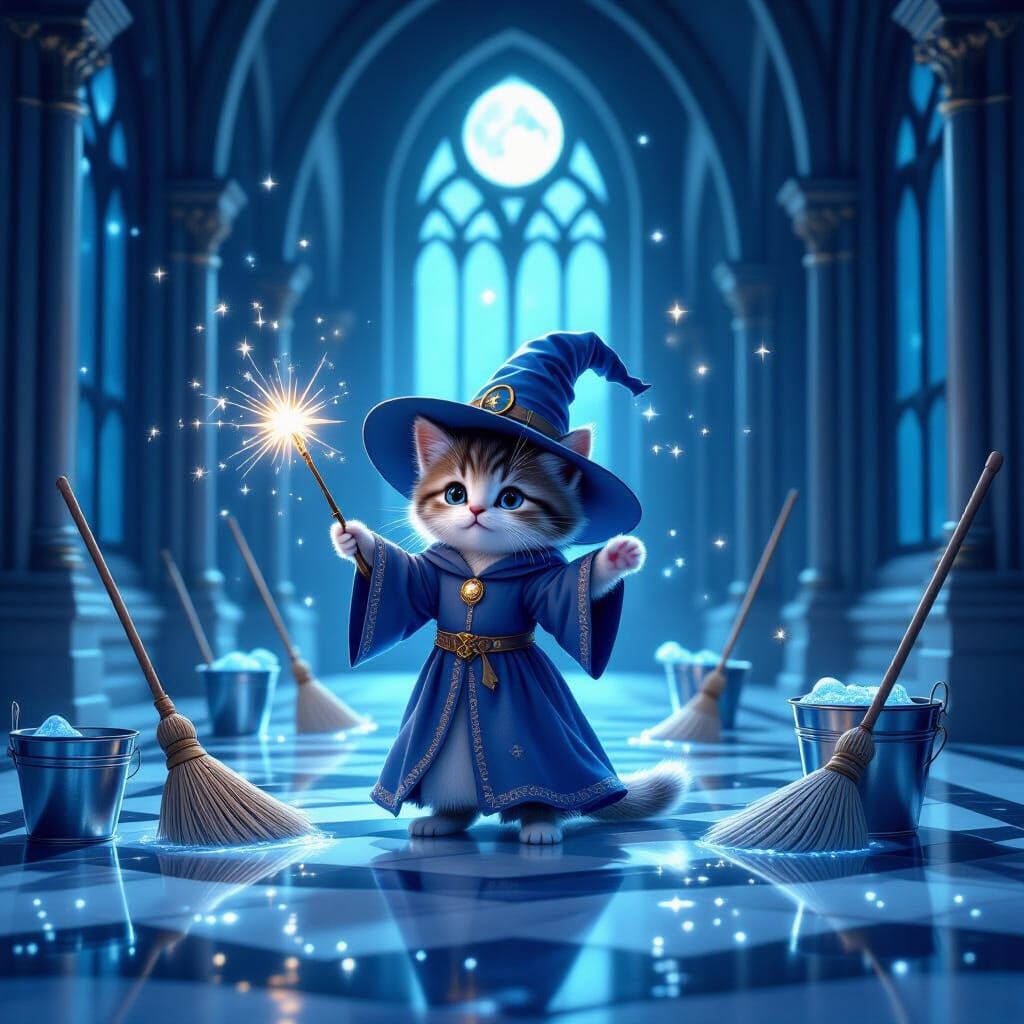Kitten Sorceress Conjures Enchanted Cleaning Crew