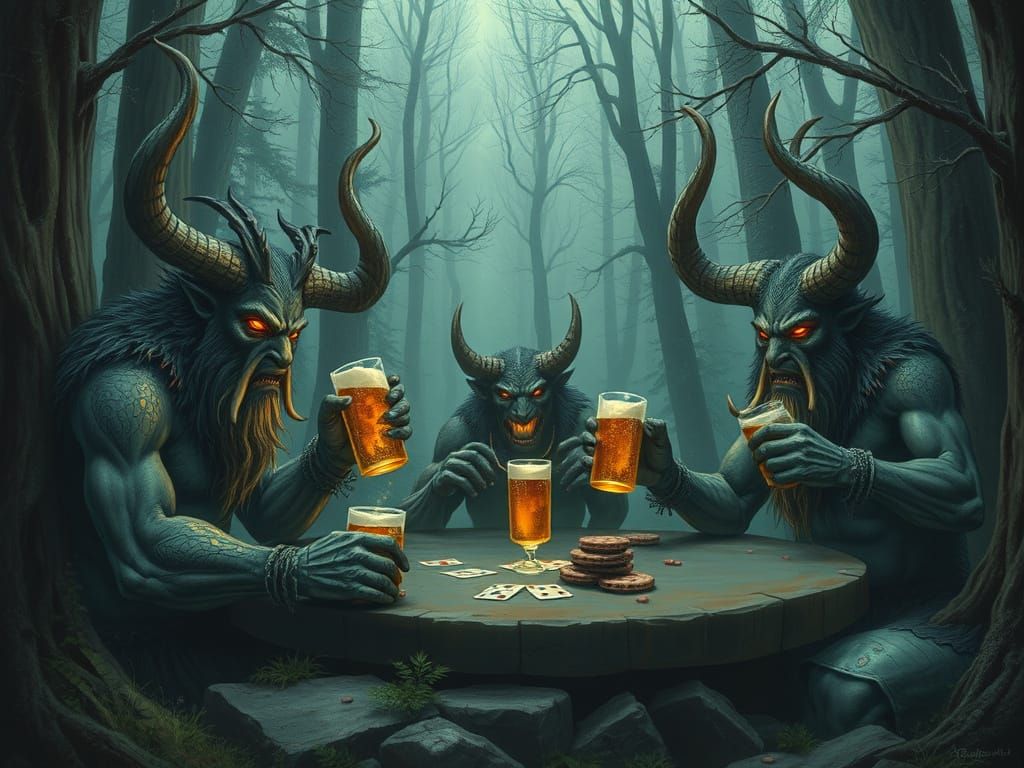 Minotaurs Playing Poker in Eldritch Forest
