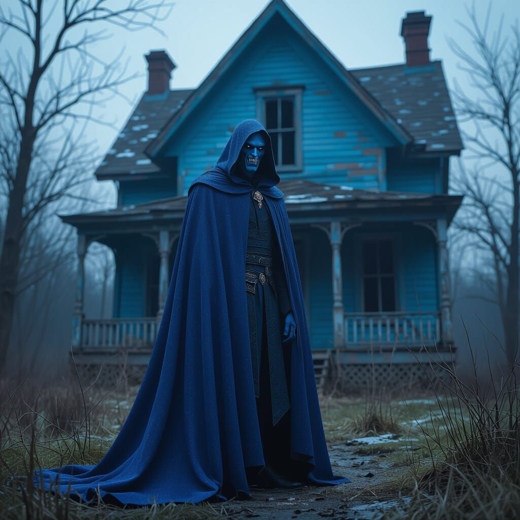 Realistic Blue Vampire in Derelict Blue House