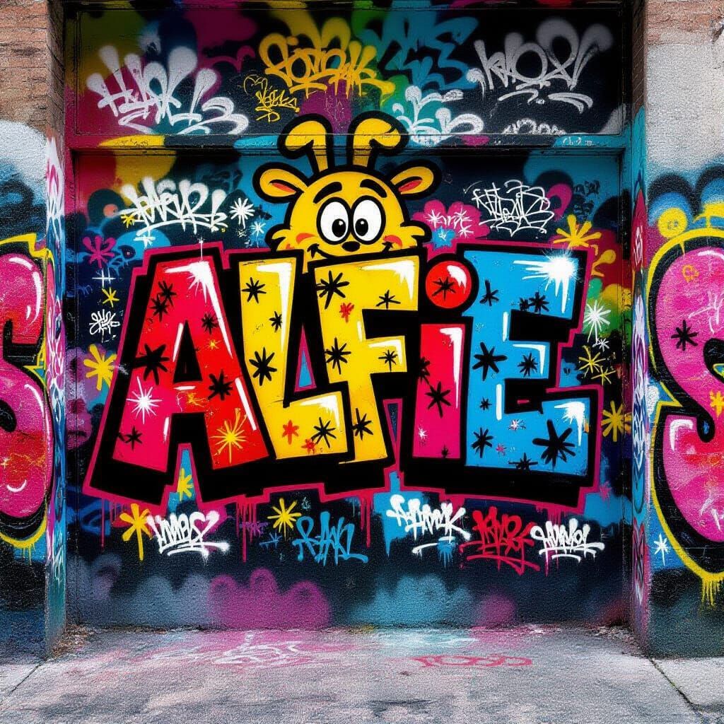 Vibrant Graffiti Wall with Alfie and 90s Cartoon Doodles