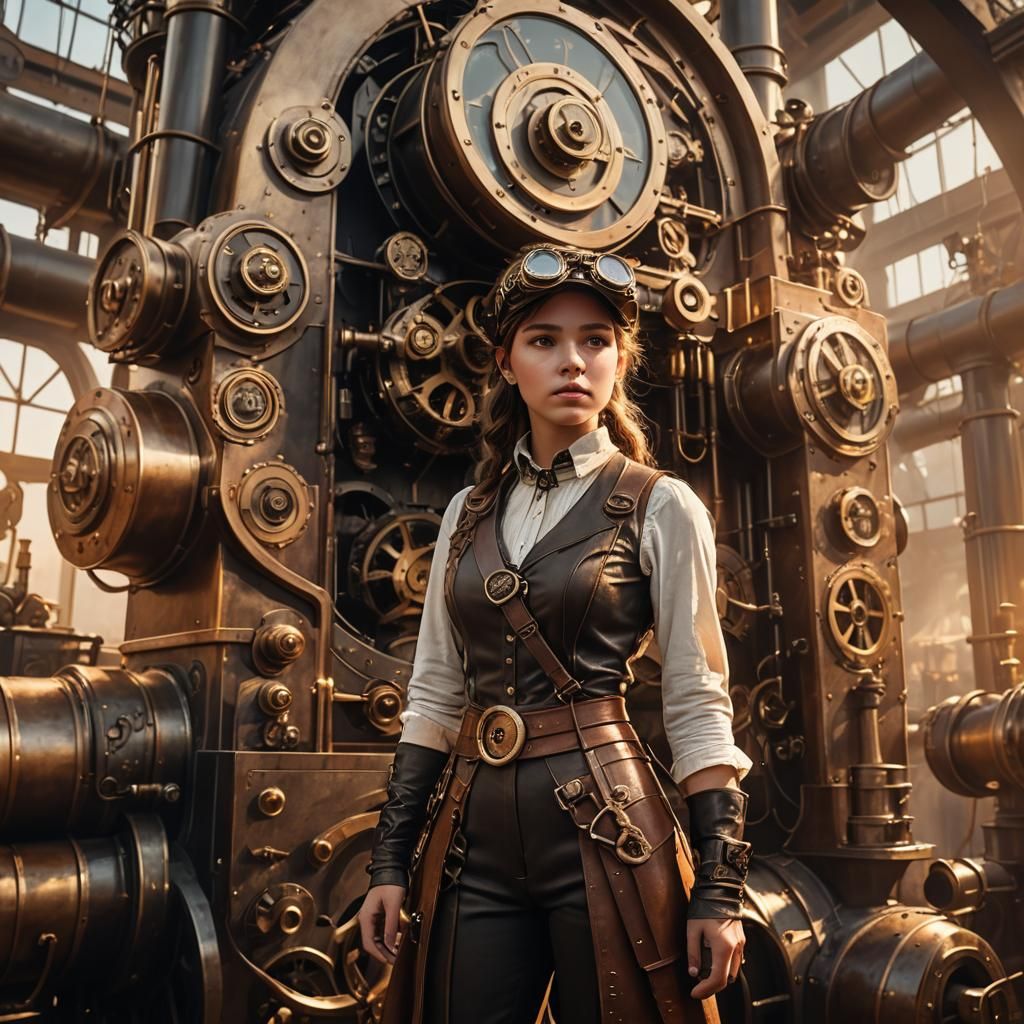 Steampunk Girl in Front of Massive Engine