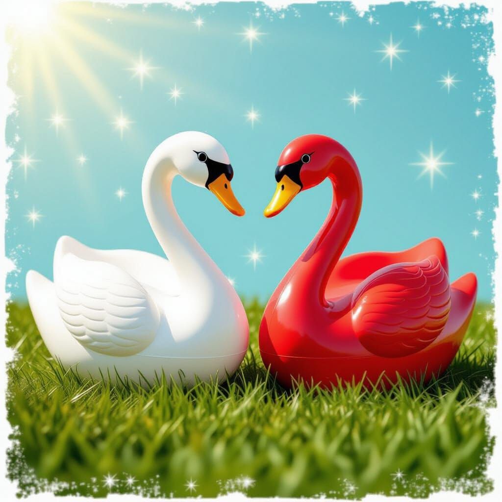 Whimsical Plastic Swan Lawn Ornaments in Primitivism Style