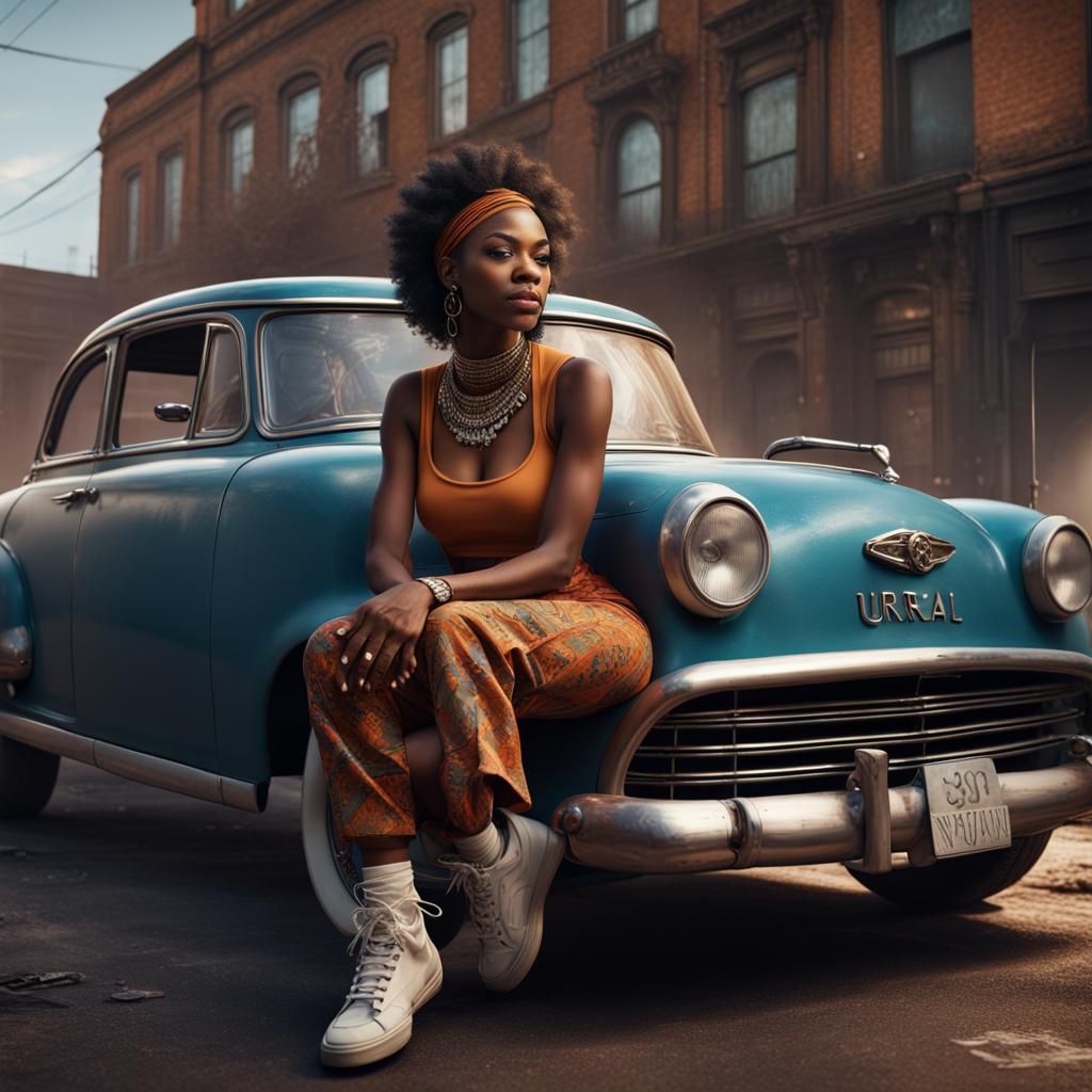 African American Woman in Urban Style on Classic Car