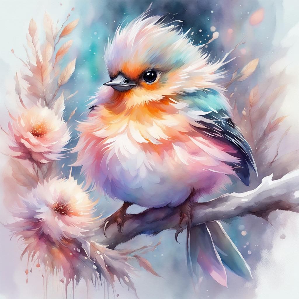 Adorable Fluffy Bird in Pastel Colors, Digital Art