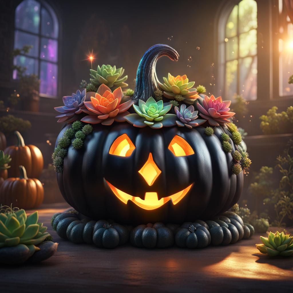 Rainbow Succulents Overflowing from Black Pumpkin