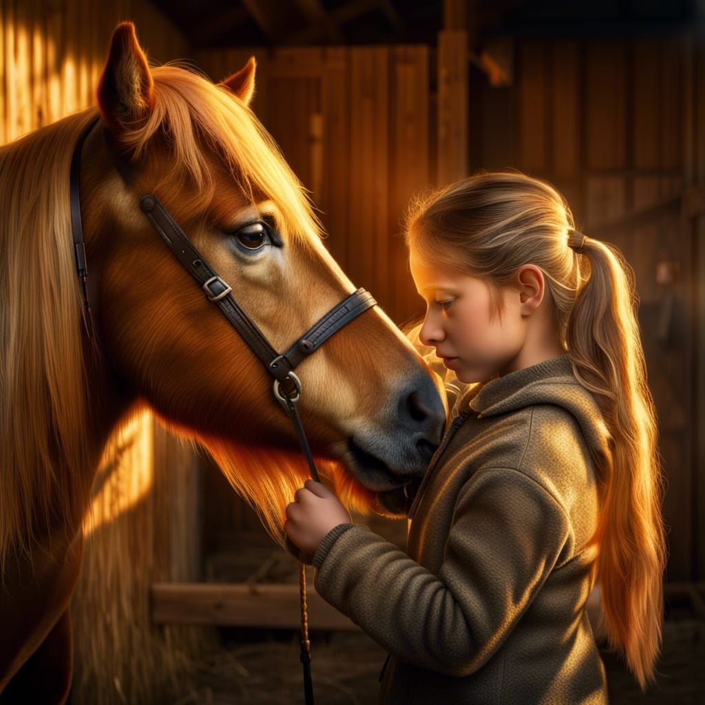 Girl Braiding Shetland Pony Mane in Golden Light