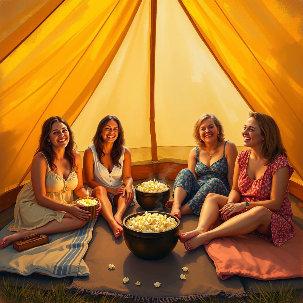 Women's Camping Trip in Impressionistic Folkart Style