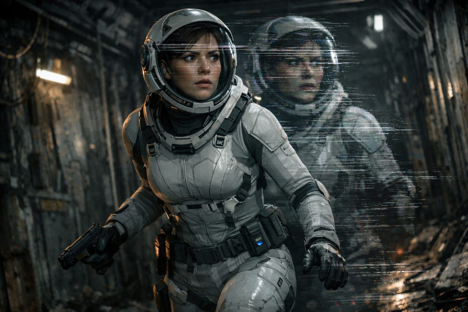 Space Marine Cautiously Navigates Grungy Corridor