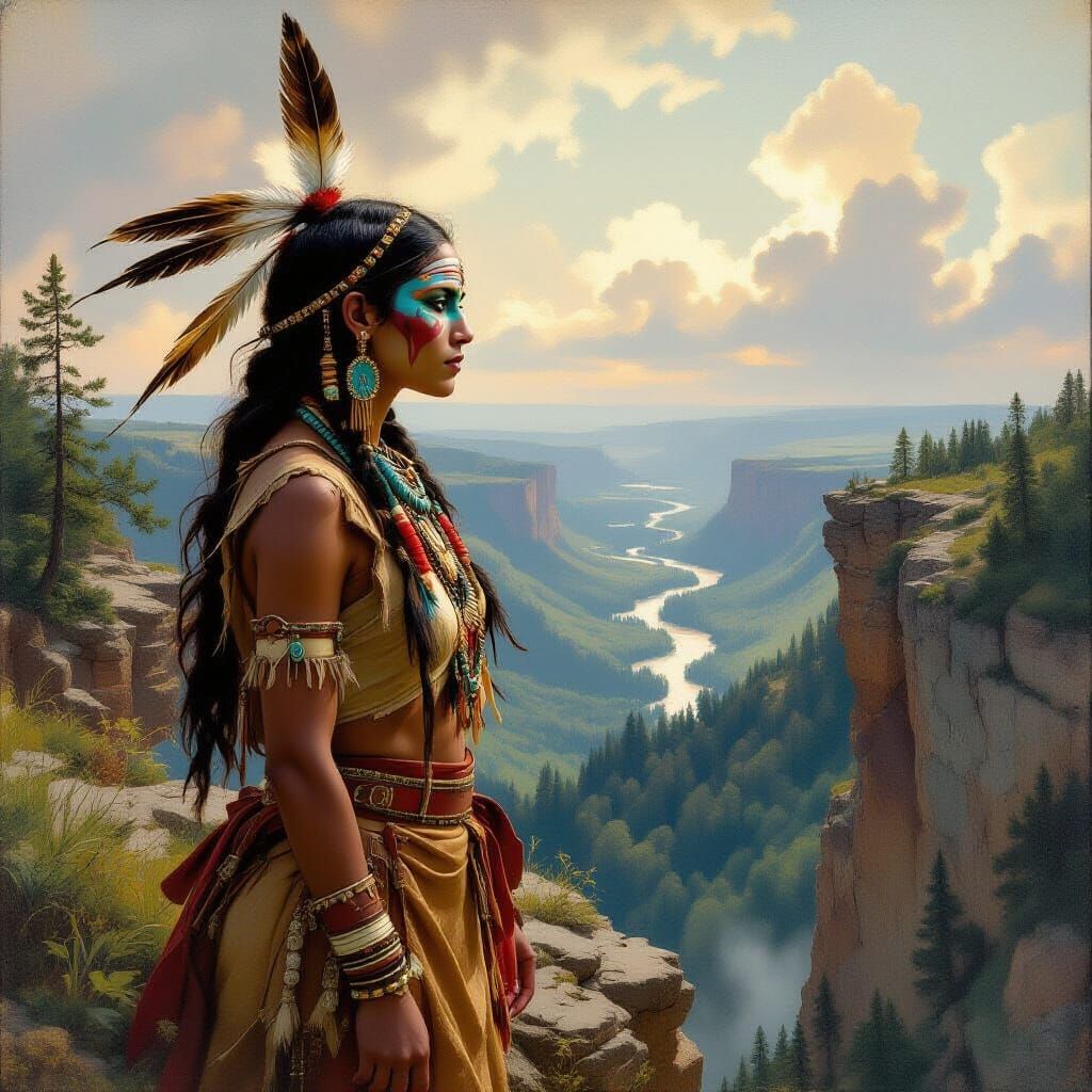 Tribal Woman on Cliff Overlooking Ancient Forest