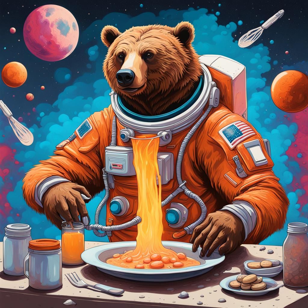 Grizzly Bear Astronaut Cooks Breakfast on Mars