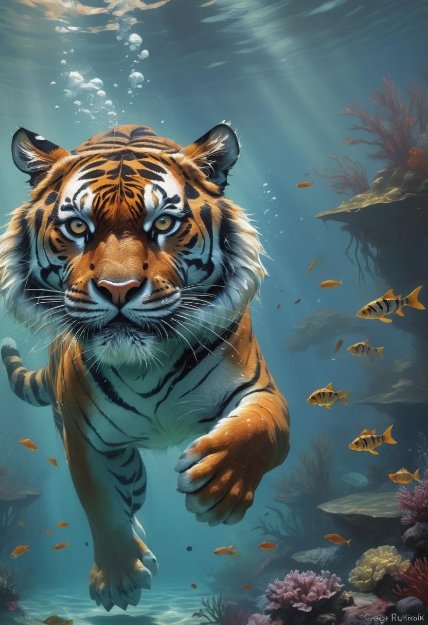 Majestic Tiger Swimming Underwater in Baroque Style
