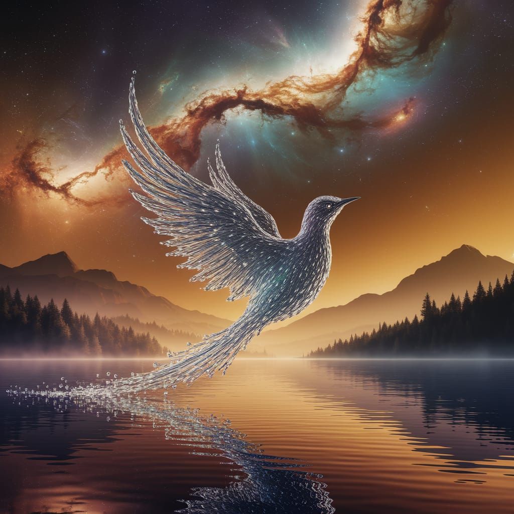 Ethereal Water Bird Takes Flight Over Starry Lake