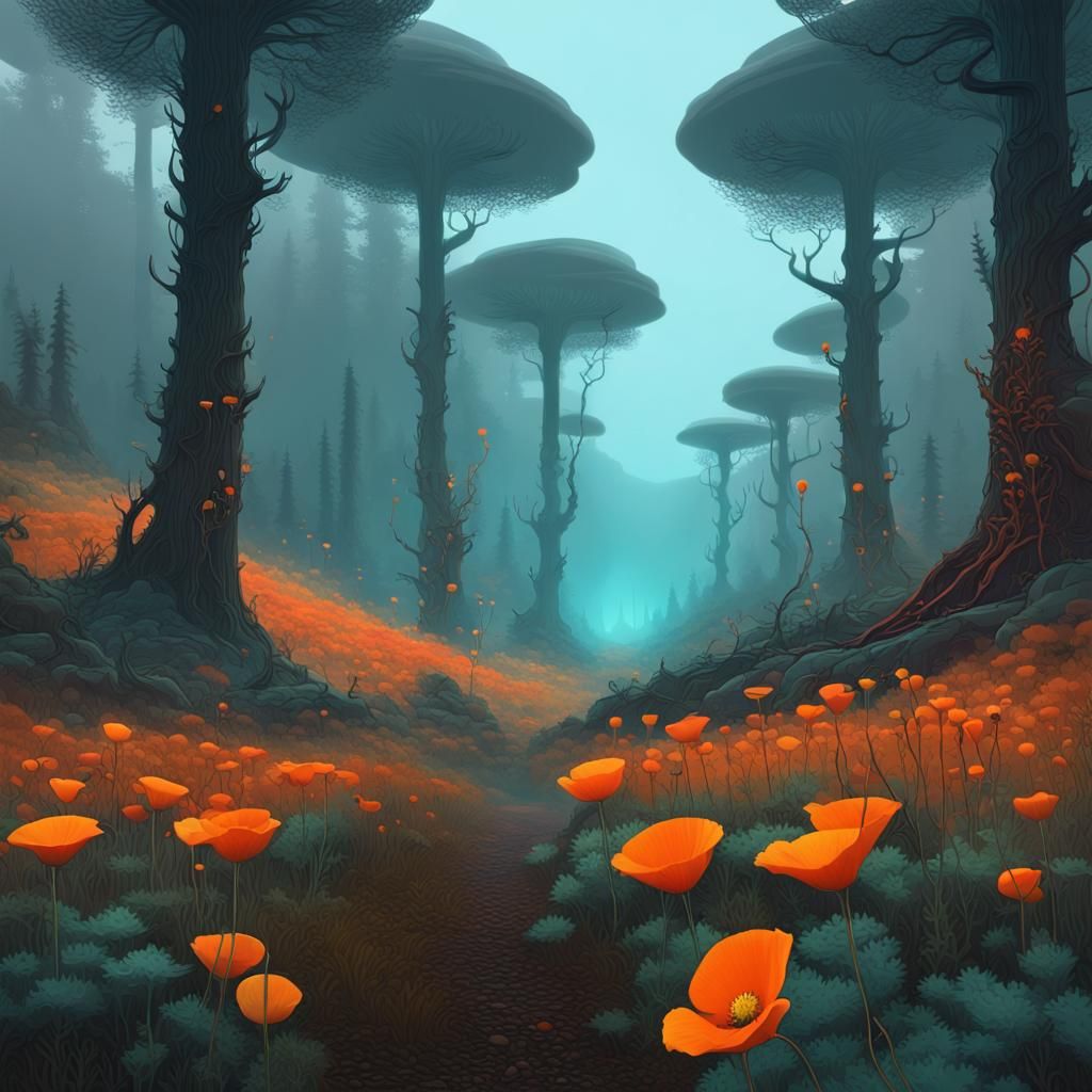 Surreal Forest with California Poppies in Psychedelic Style