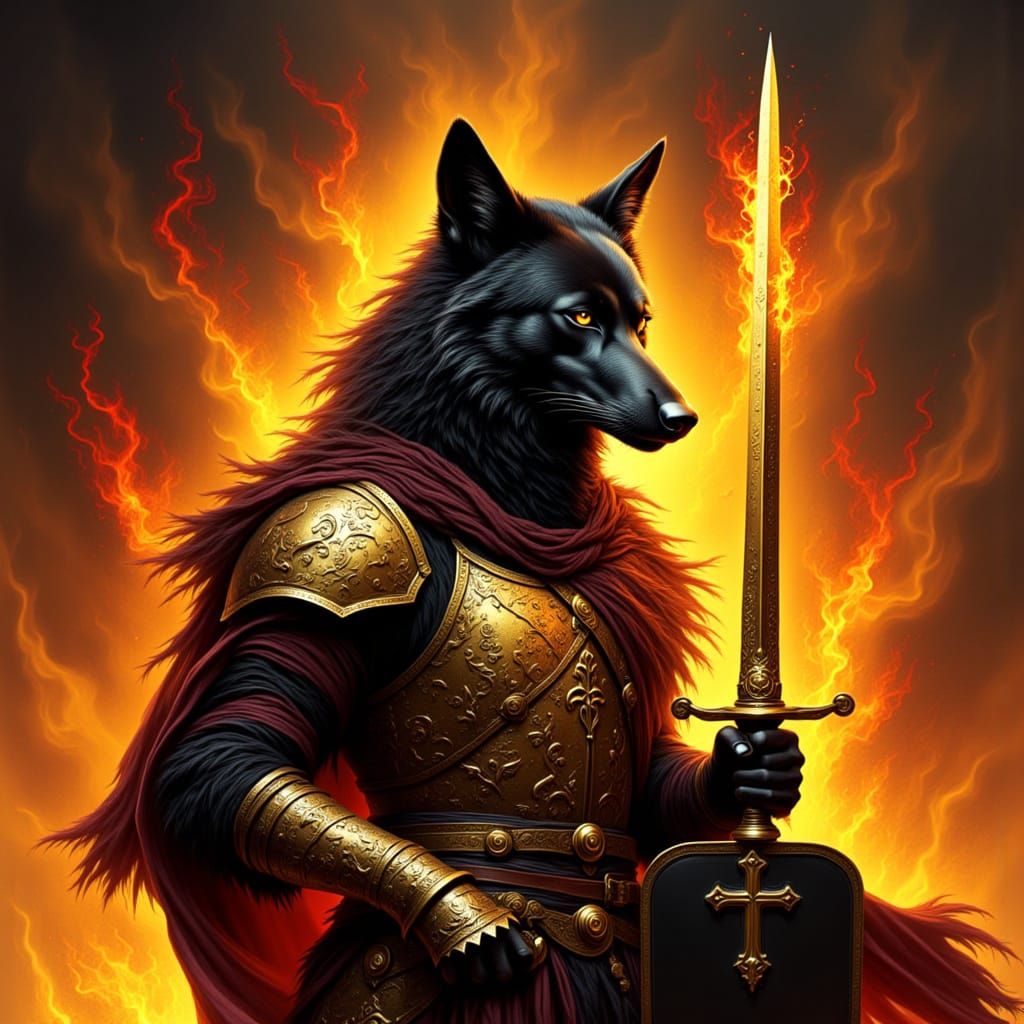 Armored Wolf Warrior with Flaming Sword