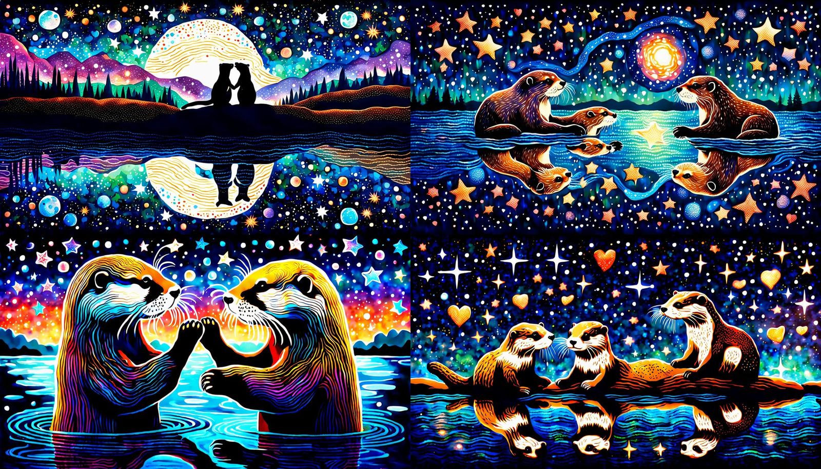 Otters in Love: Pointillism Night River Scene