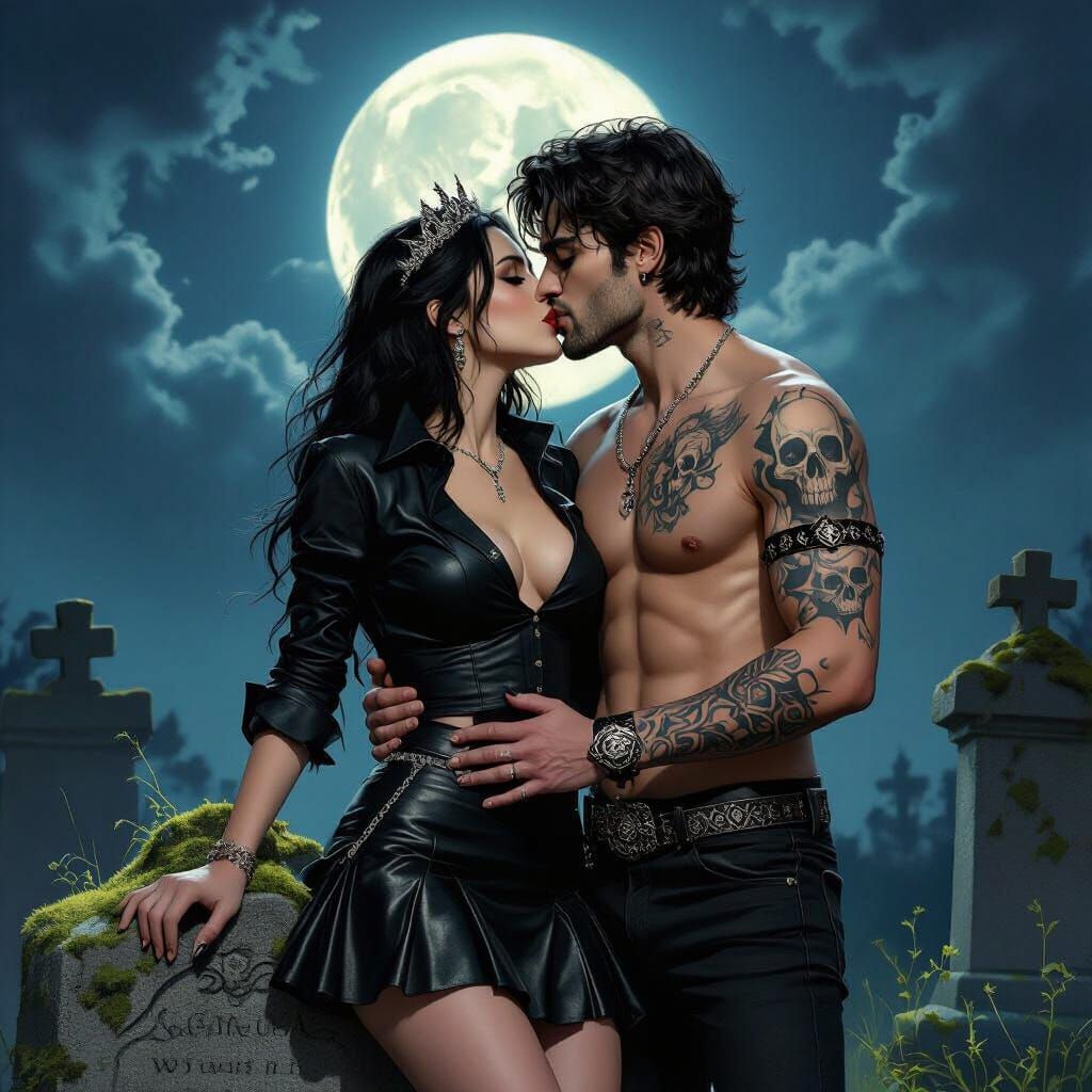 Gothic Couple Kissing on Gravestone Under Full Moon