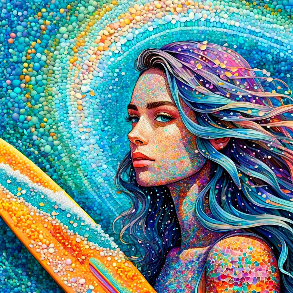 Vibrant Pointillism Girl Surfs on a Shelly Beach