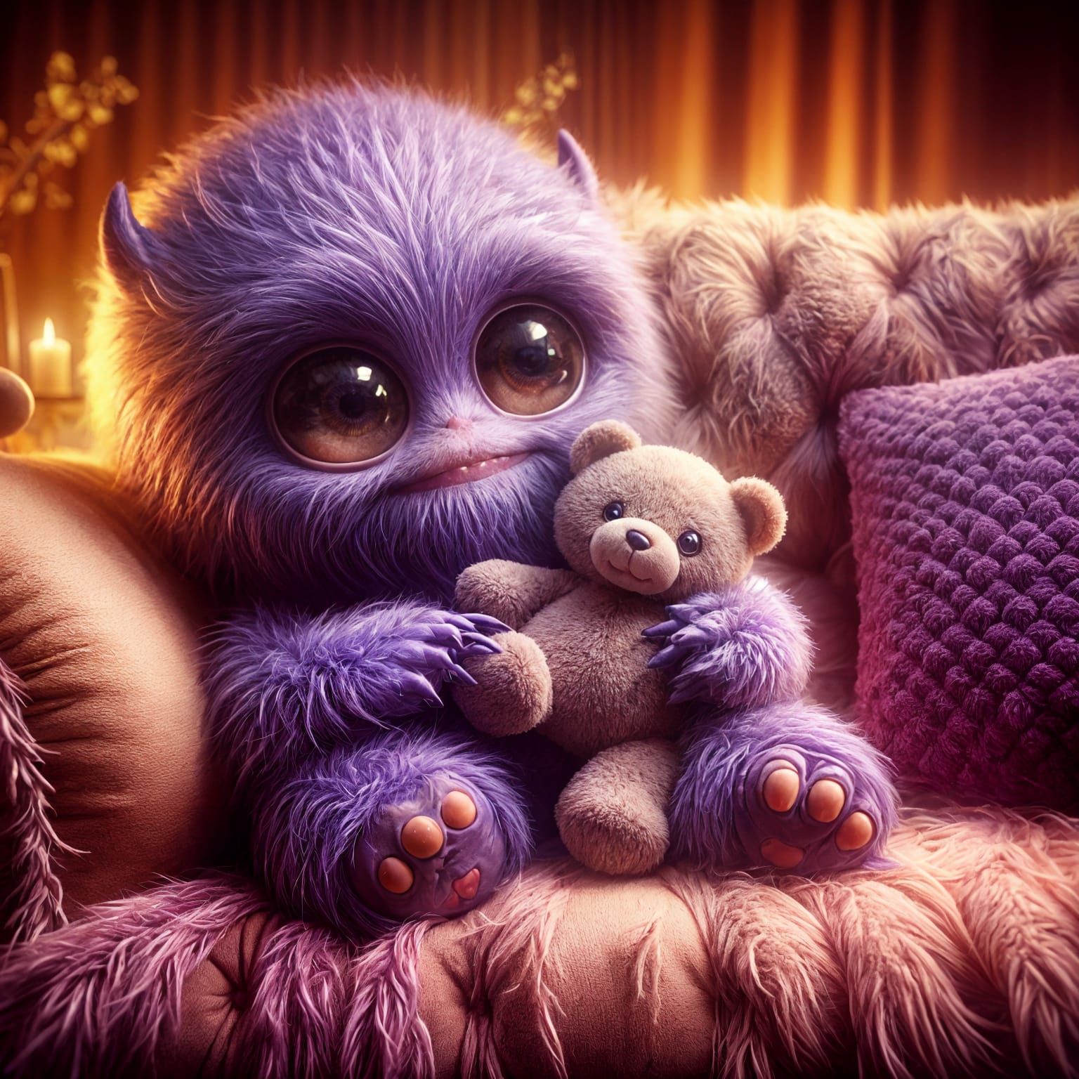 Cuddly Baby Monster Enjoys Cozy Time with Fuzzy Teddy