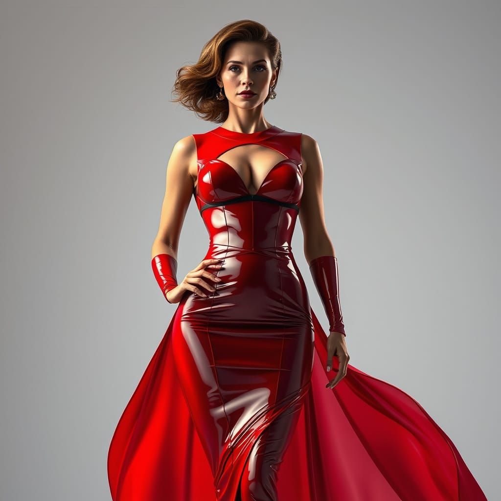 Hyperrealistic Woman in Bold Red Latex Dress