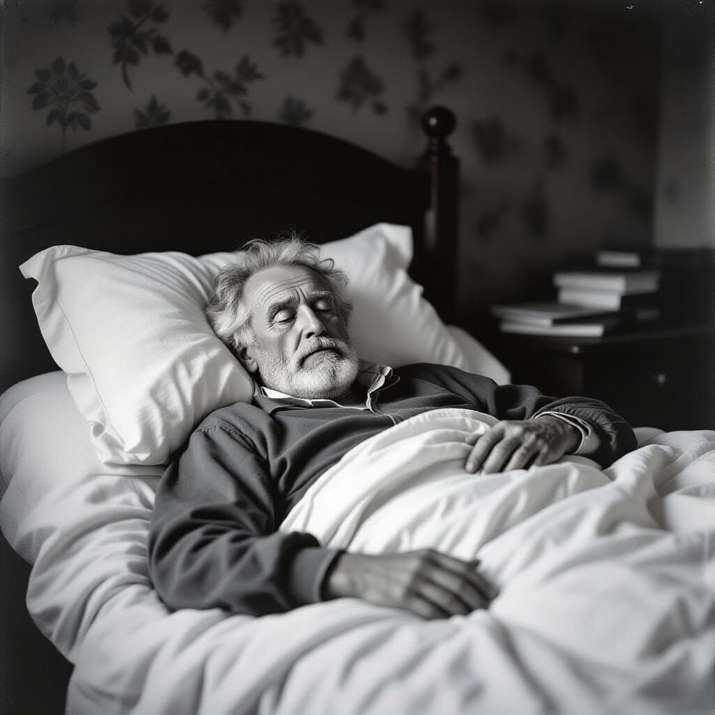 Old Photogravure of Sick Man in Bed