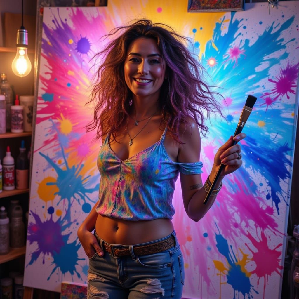 Expressive Portrait of Artist in Cosmic Studio