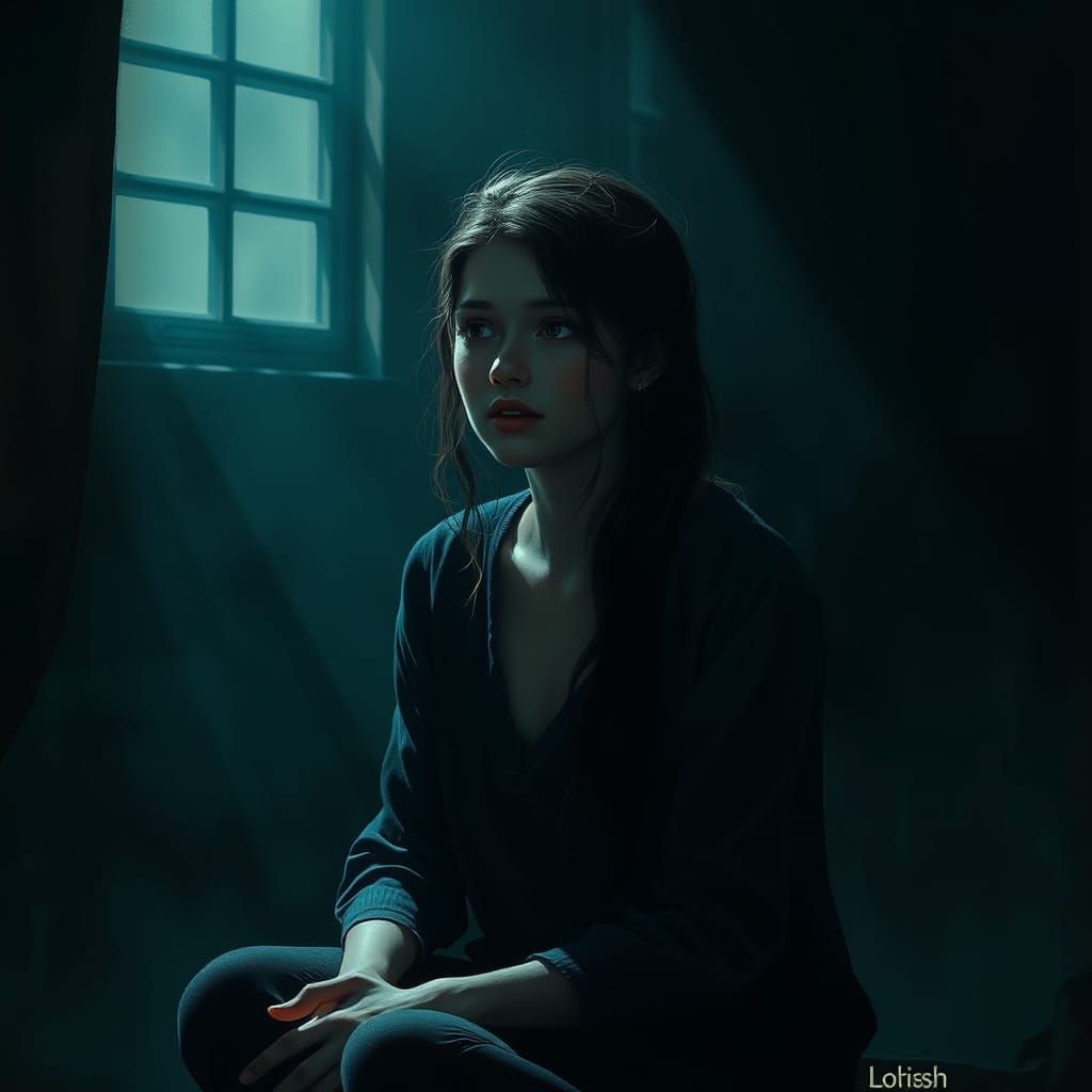 Introspective Woman in Mystical Dimly Lit Room