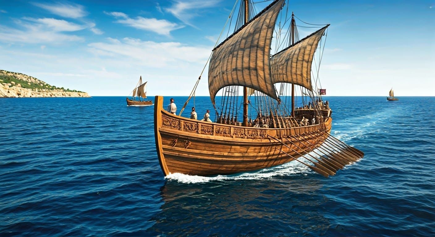 a scene of ancient Phoenician ships sailing across the Medit...