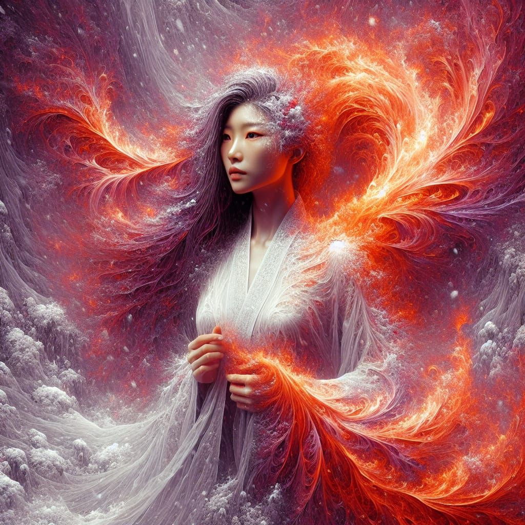 Fiery Phoenix Woman in Snowstorm Concept Art