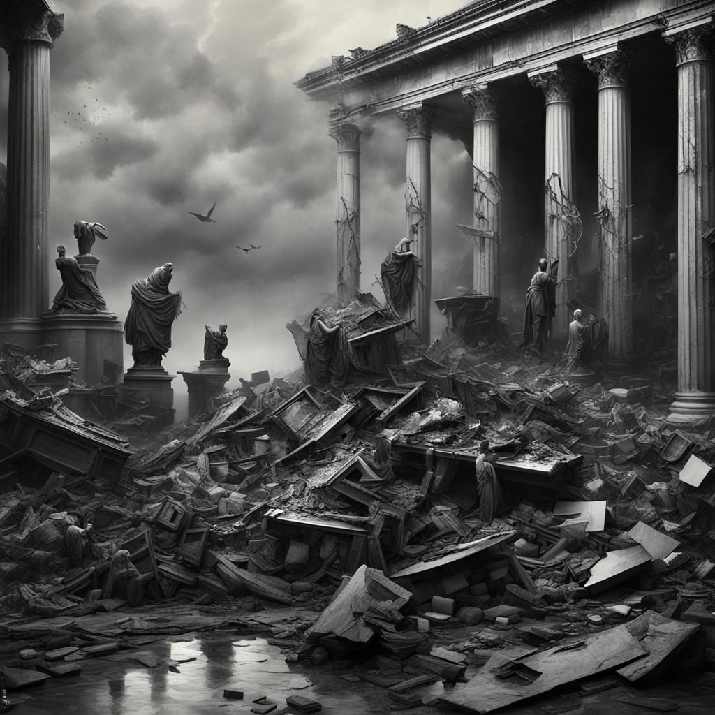 Damaged Art Gallery with Goth Model in Black and White