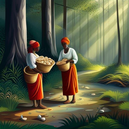 Black Women Gathering Mushrooms in Forest, Realistic Image