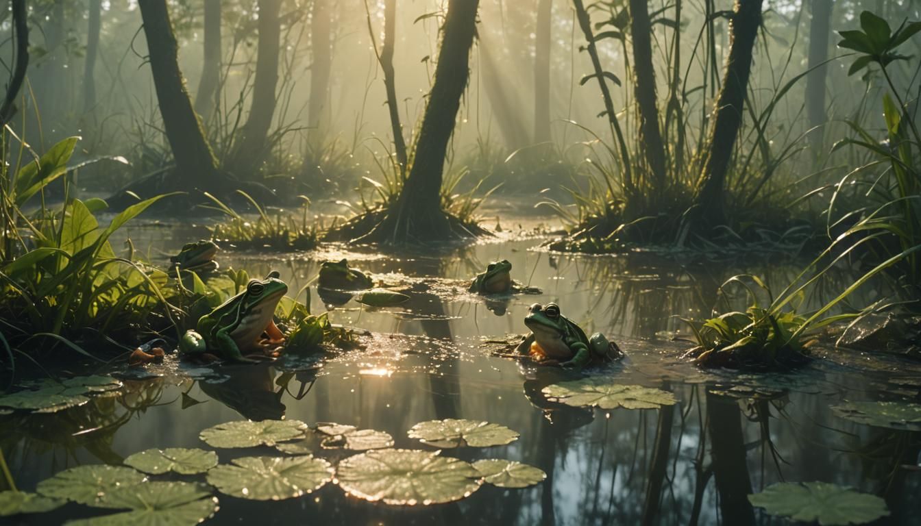 Cinematic Swamp: Frogs in Misty Morning Light