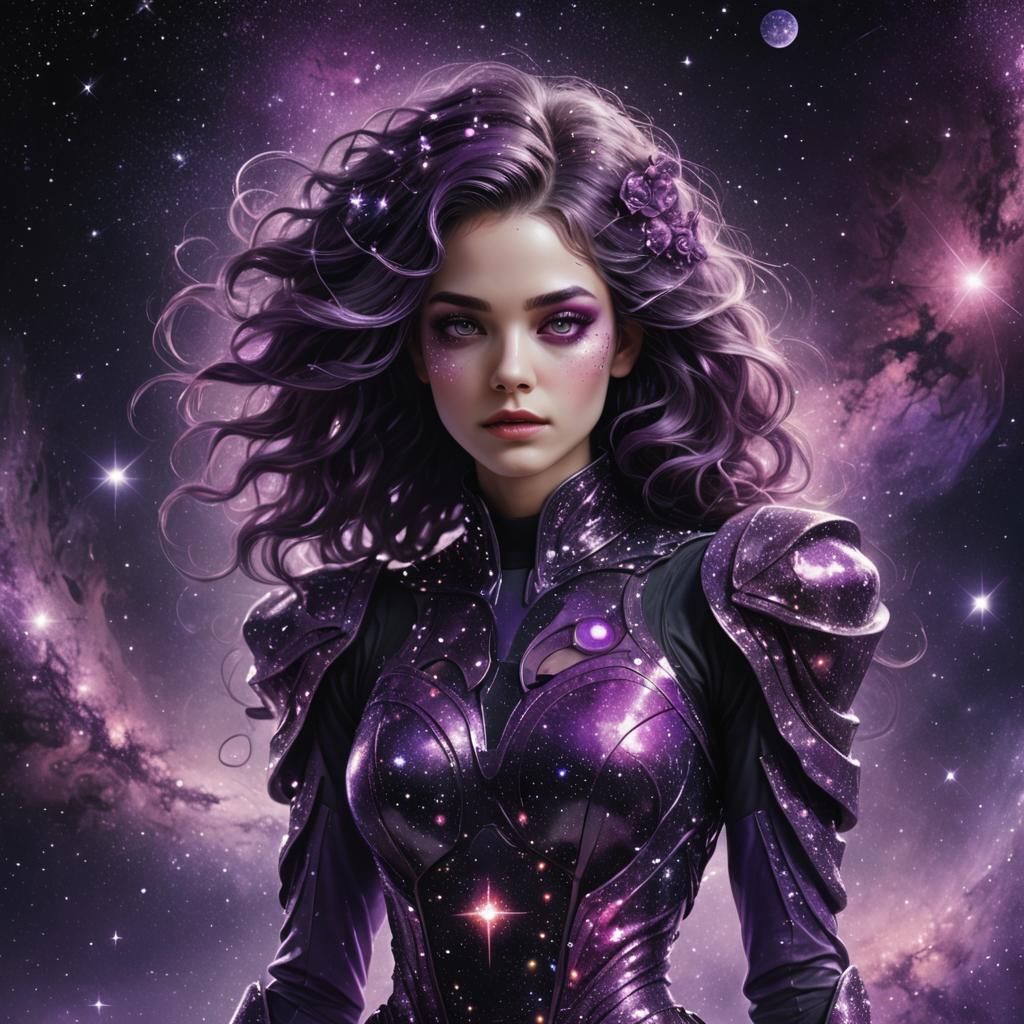 Mysterious Space Lady with Galaxy Dress in Hyperrealism