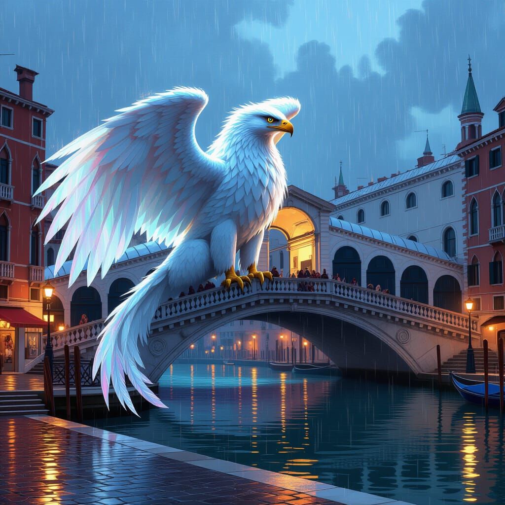 Griffin Perched on Rialto Bridge in Art Nouveau Style