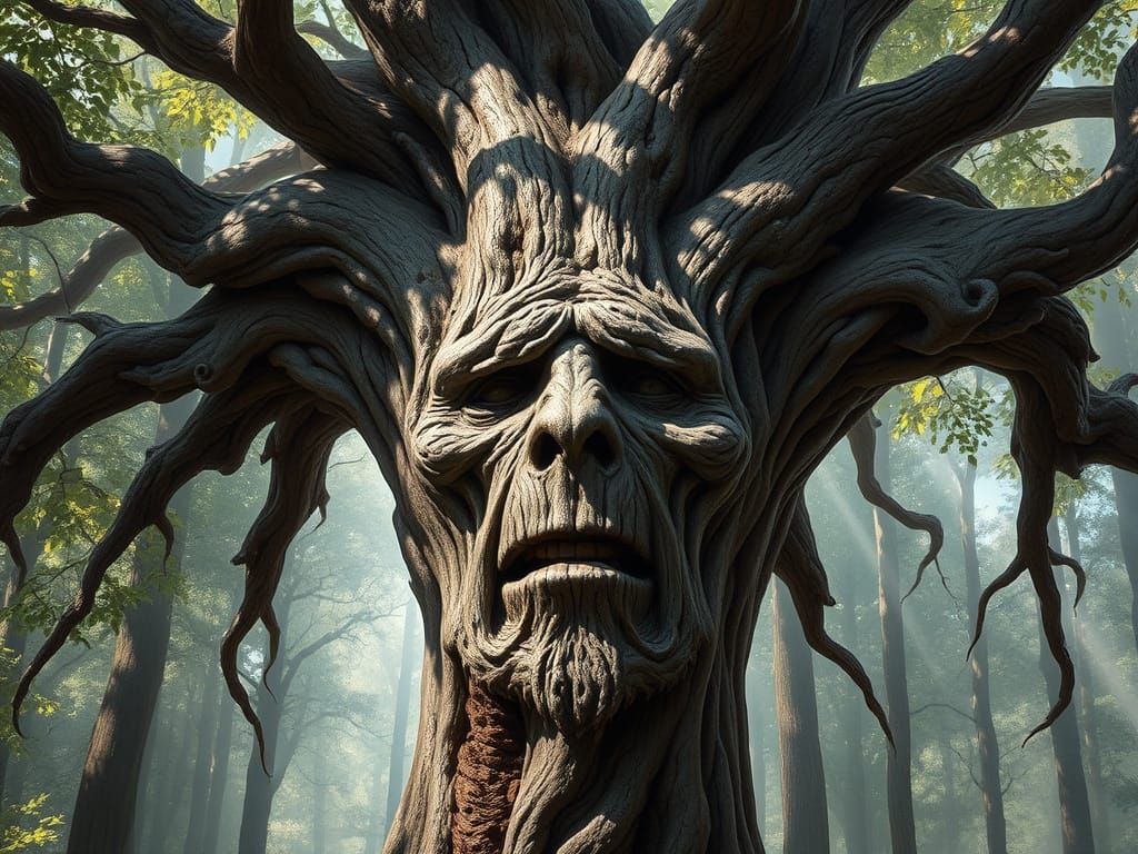 Ancient Tree in Mysterious Forest Landscape