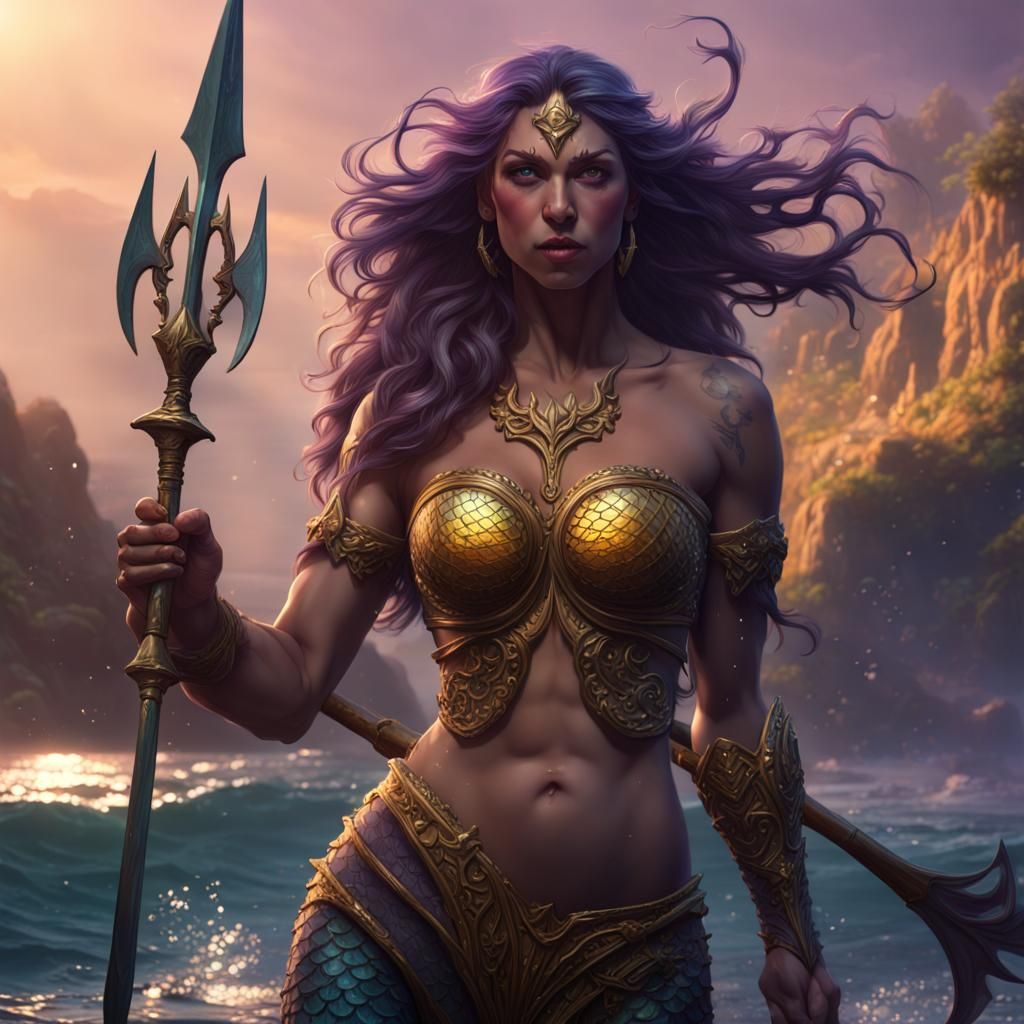 Mermaid Warrior with Trident: Dark Fantasy Art
