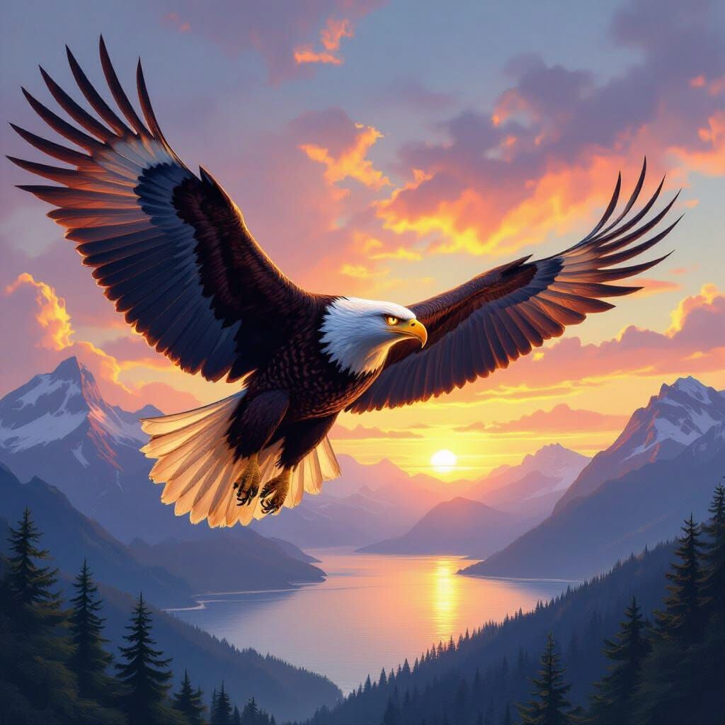 Majestic Eagle Soaring at Sunset in Digital Painting